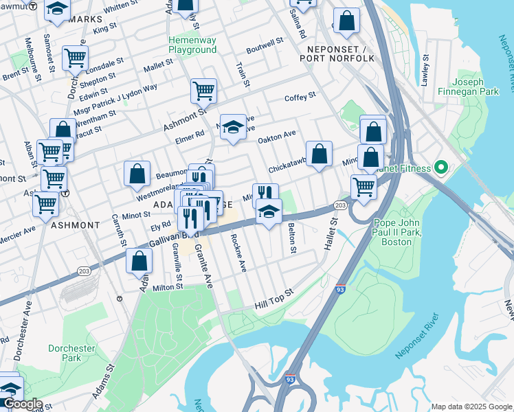 map of restaurants, bars, coffee shops, grocery stores, and more near 596-598 Gallivan Boulevard in Boston