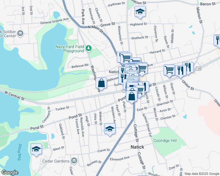 map of restaurants, bars, coffee shops, grocery stores, and more near 35 West Central Street in Natick