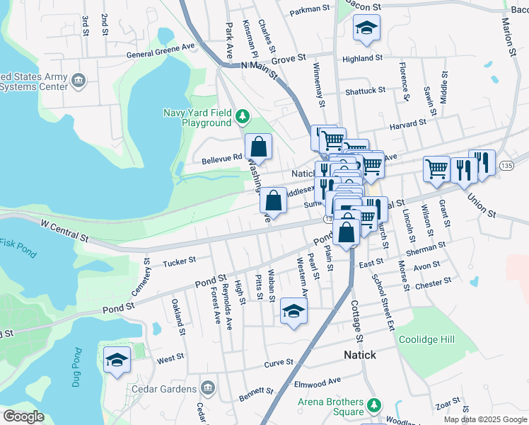 map of restaurants, bars, coffee shops, grocery stores, and more near 45 West Central Street in Natick