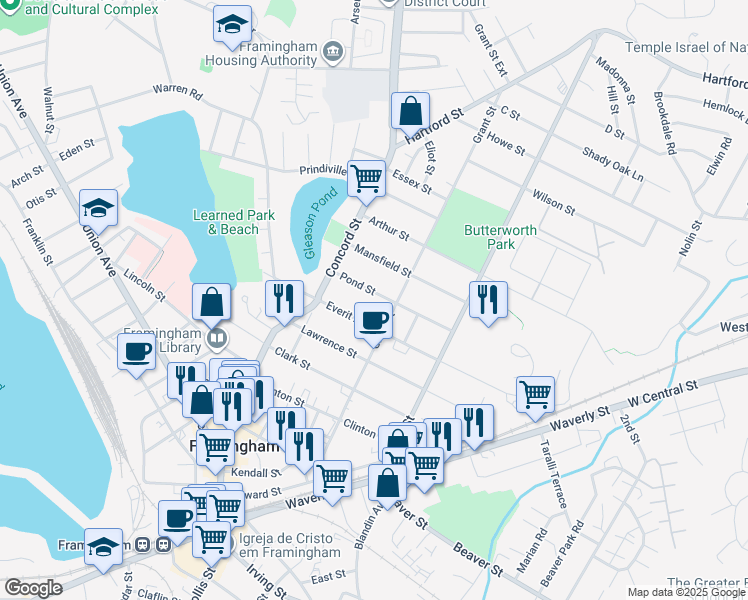map of restaurants, bars, coffee shops, grocery stores, and more near 44 Everit Avenue in Framingham