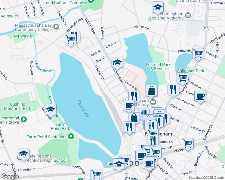 map of restaurants, bars, coffee shops, grocery stores, and more near 4 Brewster Road in Framingham