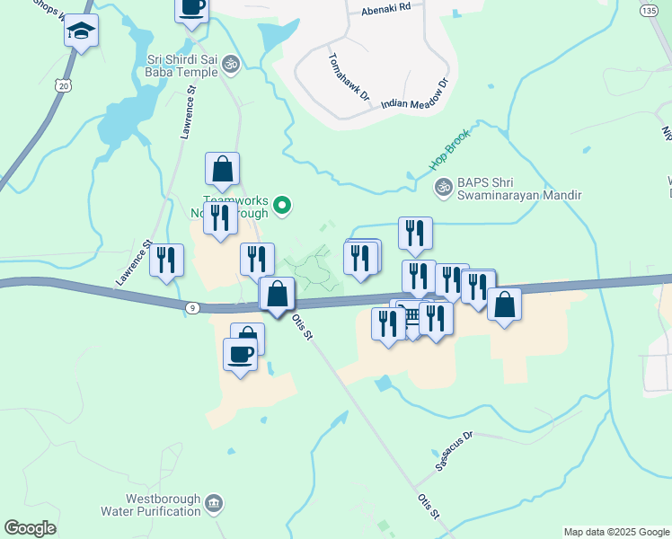 map of restaurants, bars, coffee shops, grocery stores, and more near 293 Turnpike Road in Westborough