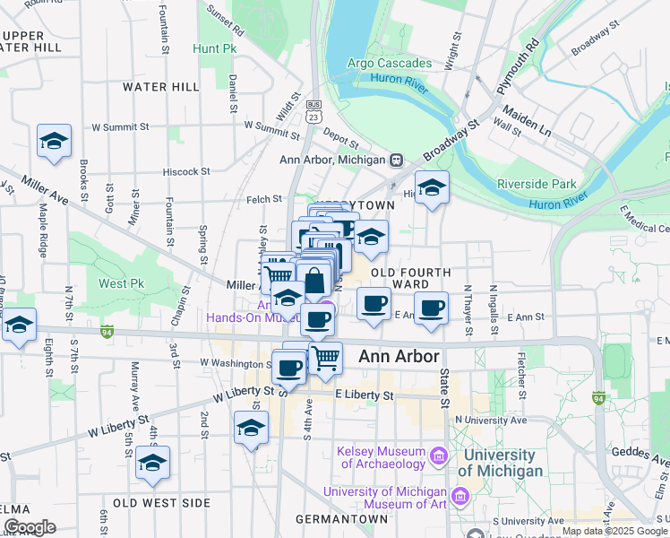 map of restaurants, bars, coffee shops, grocery stores, and more near 303 North 5th Avenue in Ann Arbor