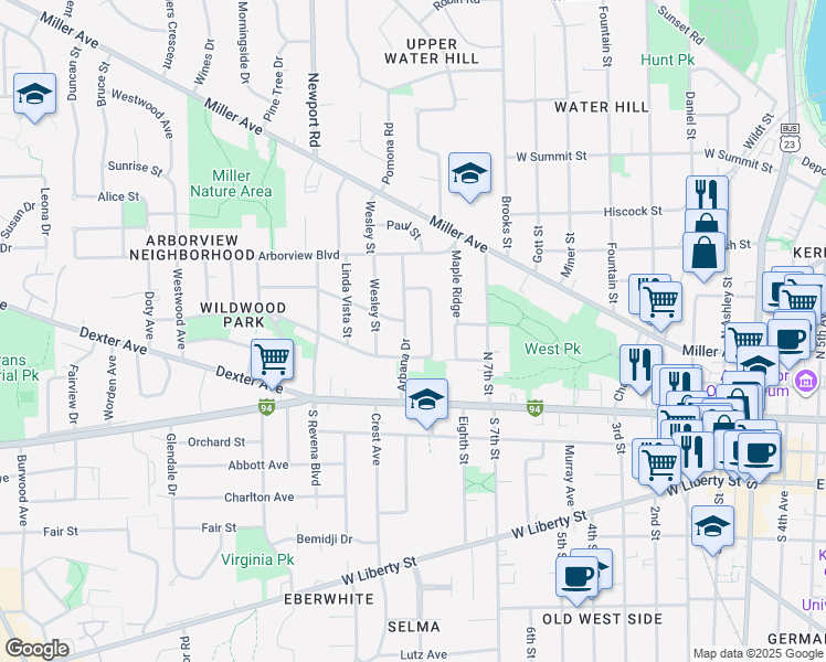 map of restaurants, bars, coffee shops, grocery stores, and more near 305 Mark Hannah Place in Ann Arbor