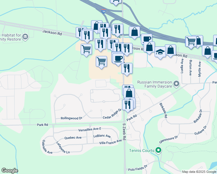 map of restaurants, bars, coffee shops, grocery stores, and more near 5527 Cambridge Club Circle in Ann Arbor