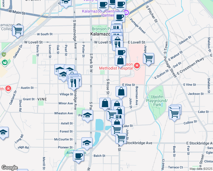 map of restaurants, bars, coffee shops, grocery stores, and more near 218 Rose Parkway in Kalamazoo