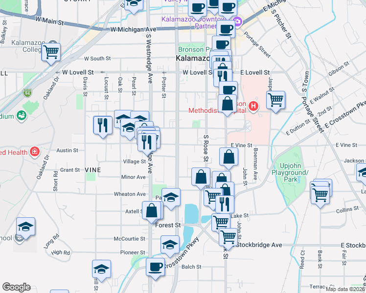 map of restaurants, bars, coffee shops, grocery stores, and more near 817 South Park Street in Kalamazoo
