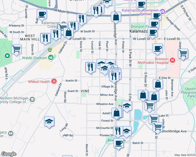 map of restaurants, bars, coffee shops, grocery stores, and more near 817 Locust Place in Kalamazoo