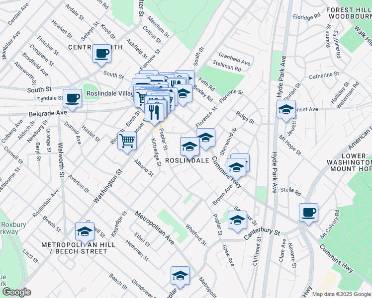 map of restaurants, bars, coffee shops, grocery stores, and more near 30 Hawthorne Street in Boston