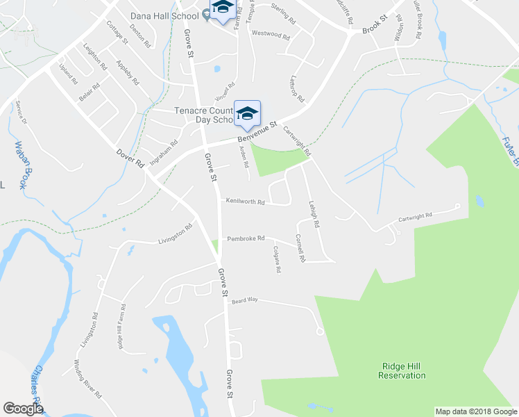map of restaurants, bars, coffee shops, grocery stores, and more near 21 Kenilworth Road in Wellesley