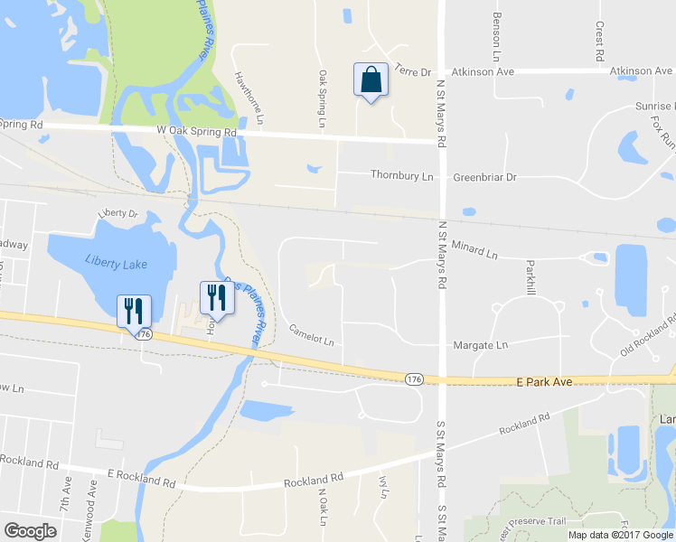 map of restaurants, bars, coffee shops, grocery stores, and more near 15255 Woodfield Lane in Libertyville