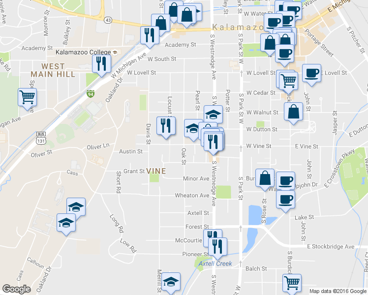 map of restaurants, bars, coffee shops, grocery stores, and more near 818 Vine Place in Kalamazoo