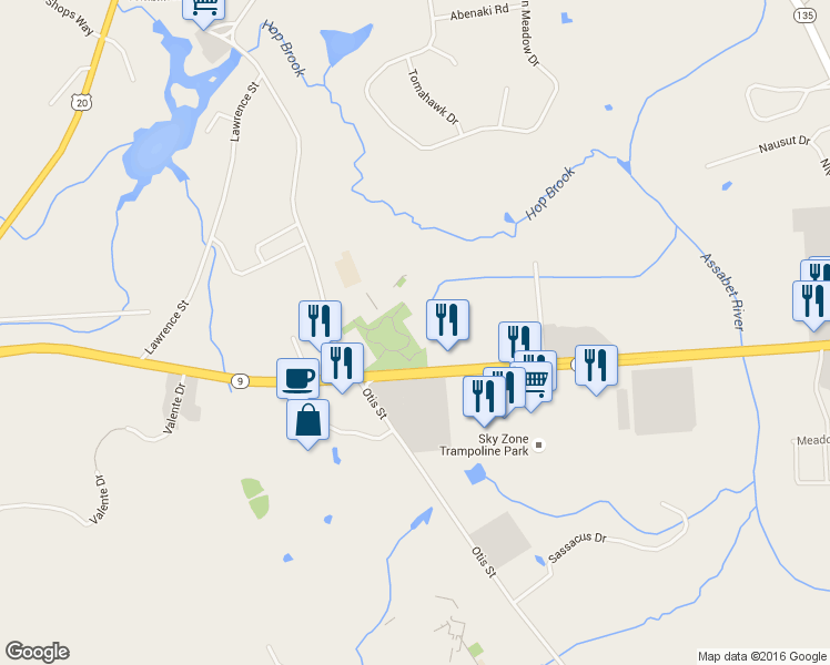 map of restaurants, bars, coffee shops, grocery stores, and more near 293 Turnpike Road in Westborough