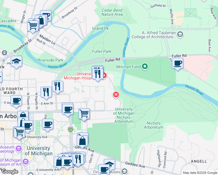 map of restaurants, bars, coffee shops, grocery stores, and more near 1500 East Medical Center Drive in Ann Arbor