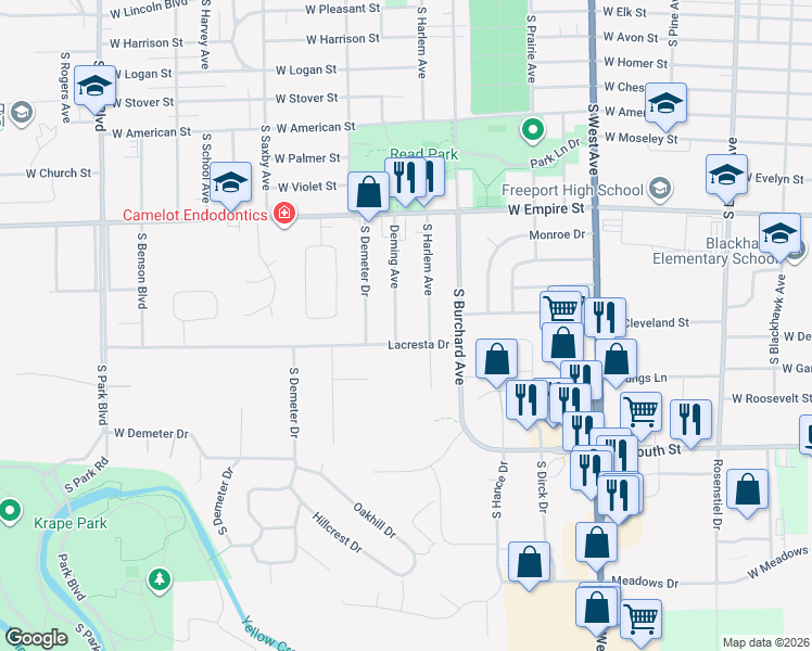 map of restaurants, bars, coffee shops, grocery stores, and more near 1108 Lacresta Drive in Freeport
