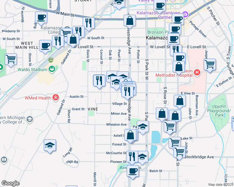 map of restaurants, bars, coffee shops, grocery stores, and more near 818 Vine Place in Kalamazoo