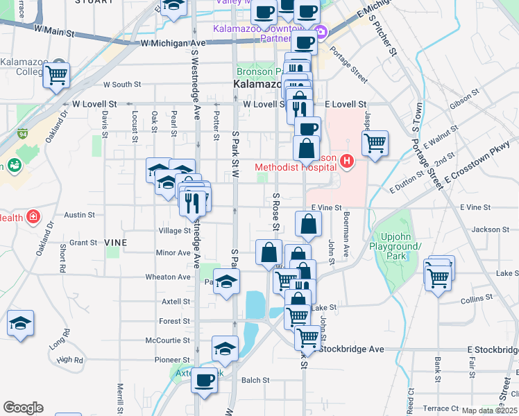 map of restaurants, bars, coffee shops, grocery stores, and more near 218 Rose Parkway in Kalamazoo