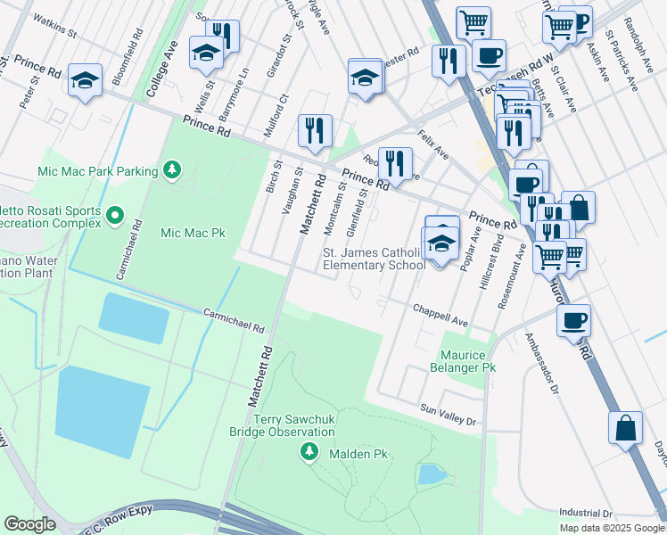 map of restaurants, bars, coffee shops, grocery stores, and more near 3880 Glenfield Street in Windsor