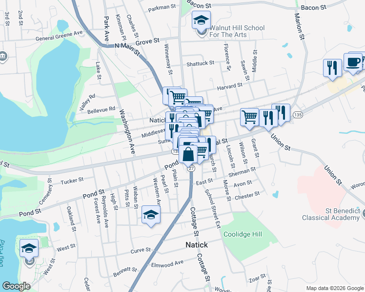 map of restaurants, bars, coffee shops, grocery stores, and more near 27 South Main Street in Natick