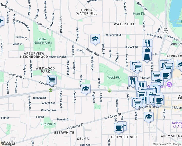 map of restaurants, bars, coffee shops, grocery stores, and more near 219 Bucholz Court in Ann Arbor