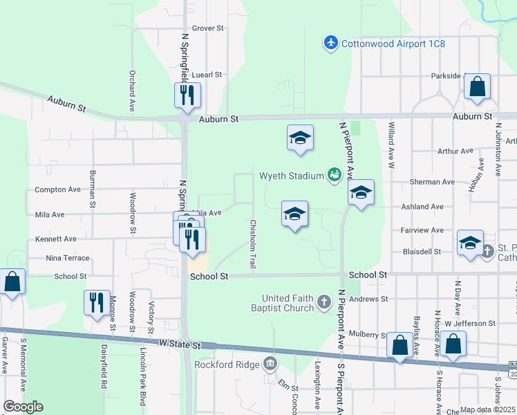 map of restaurants, bars, coffee shops, grocery stores, and more near 617 Chisholm Trail in Rockford