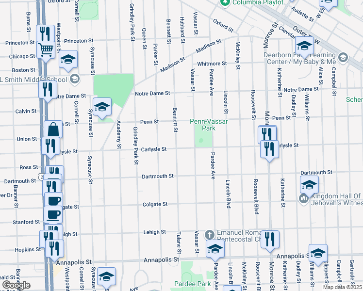 map of restaurants, bars, coffee shops, grocery stores, and more near 3717 Bennett Street in Dearborn