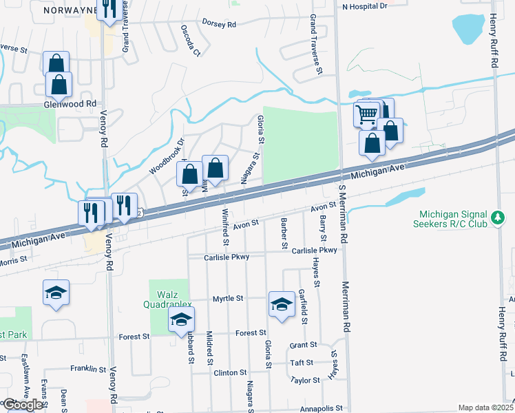 map of restaurants, bars, coffee shops, grocery stores, and more near 3448 Gloria Street in Wayne