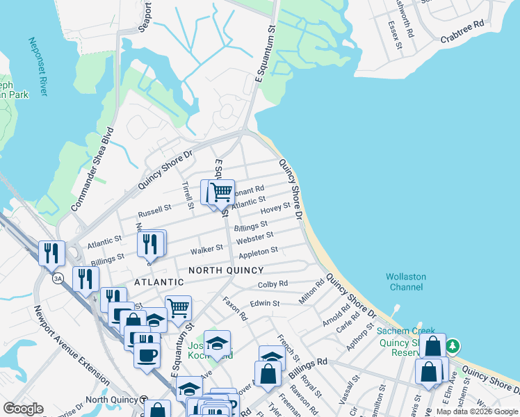 map of restaurants, bars, coffee shops, grocery stores, and more near 272 Billings Street in Quincy