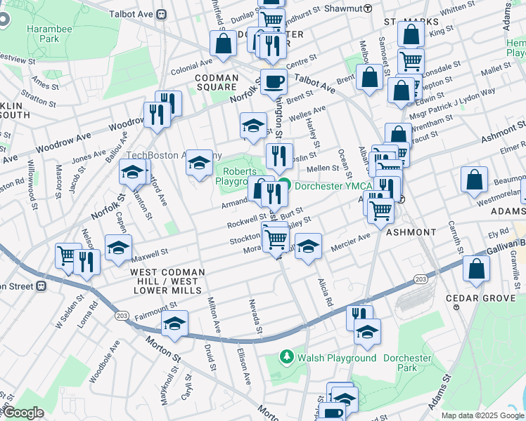 map of restaurants, bars, coffee shops, grocery stores, and more near 815 Washington Street in Boston