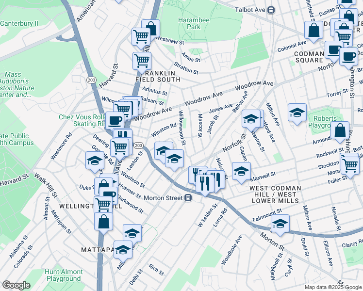 map of restaurants, bars, coffee shops, grocery stores, and more near 21 Middleton Street in Boston