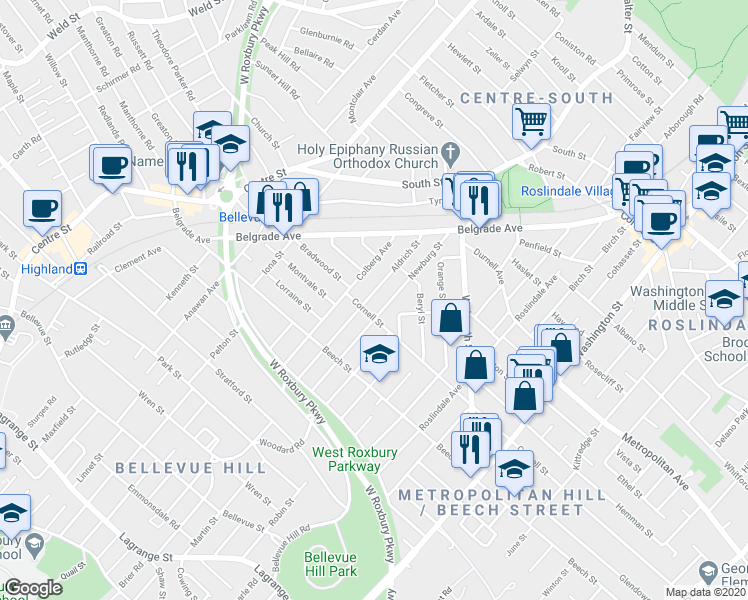 map of restaurants, bars, coffee shops, grocery stores, and more near 100 Aldrich Street in Boston