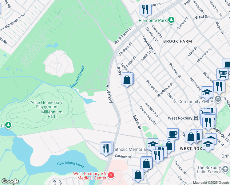 map of restaurants, bars, coffee shops, grocery stores, and more near 1100 VFW Parkway in Boston
