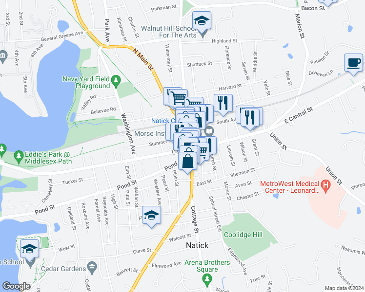 map of restaurants, bars, coffee shops, grocery stores, and more near 3 Pond Street in Natick