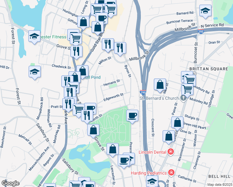 map of restaurants, bars, coffee shops, grocery stores, and more near 35 Edgeworth Street in Worcester