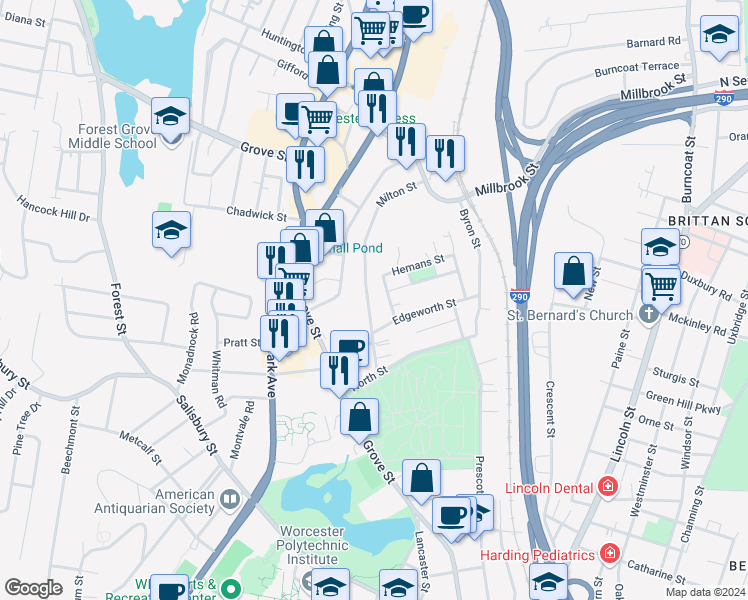 map of restaurants, bars, coffee shops, grocery stores, and more near 56 Edgeworth Street in Worcester