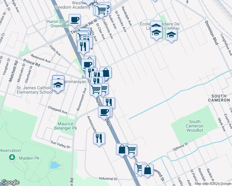 map of restaurants, bars, coffee shops, grocery stores, and more near 1805 Northway Avenue in Windsor