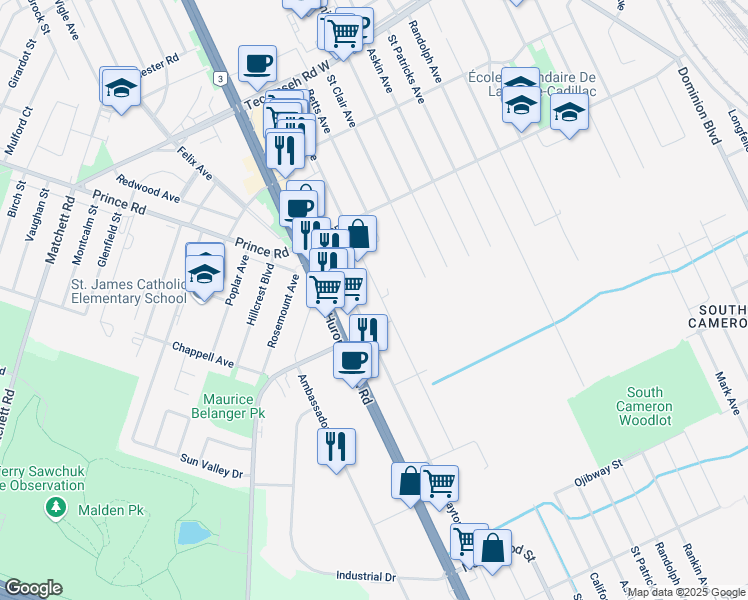 map of restaurants, bars, coffee shops, grocery stores, and more near 1805 Northway Avenue in Windsor
