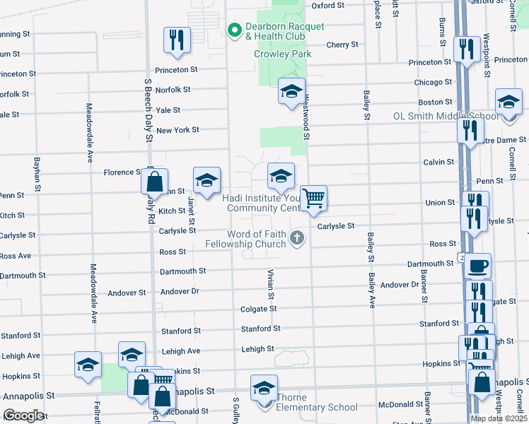 map of restaurants, bars, coffee shops, grocery stores, and more near 3768 Heritage Parkway in Dearborn