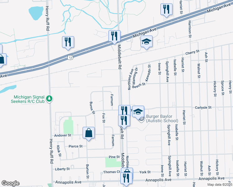 map of restaurants, bars, coffee shops, grocery stores, and more near 3656 Middlebelt Srv Road in Inkster