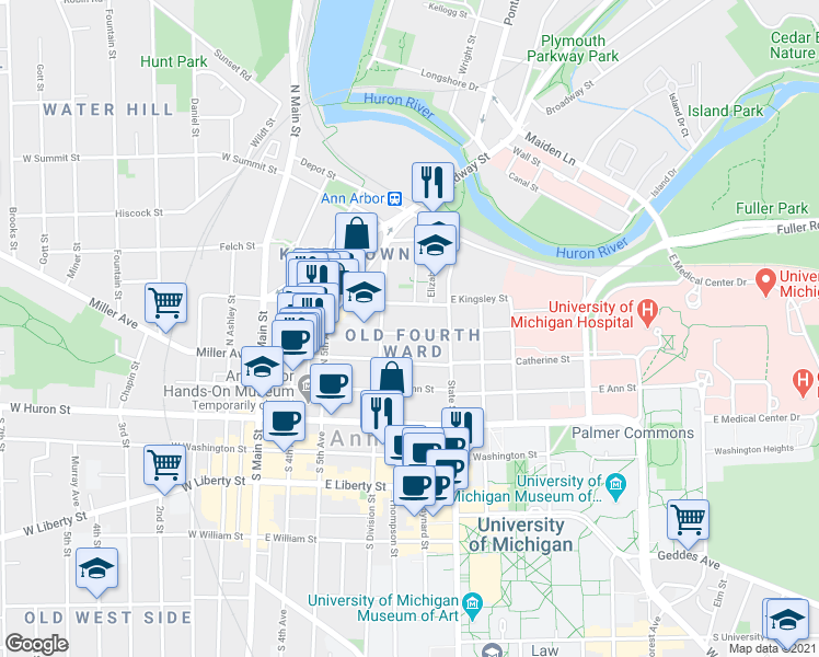 map of restaurants, bars, coffee shops, grocery stores, and more near in Ann Arbor