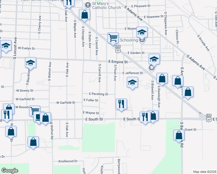 map of restaurants, bars, coffee shops, grocery stores, and more near 1447 South High Avenue in Freeport