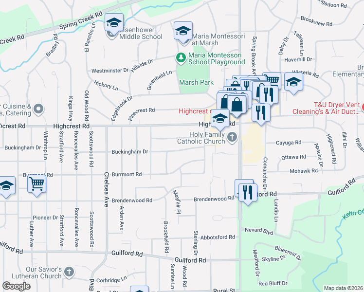 map of restaurants, bars, coffee shops, grocery stores, and more near 4121 Buckingham Drive in Rockford