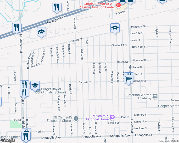 map of restaurants, bars, coffee shops, grocery stores, and more near 3630 Ash Street in Inkster