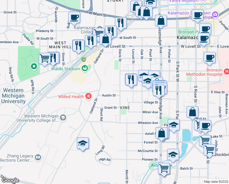map of restaurants, bars, coffee shops, grocery stores, and more near 919 West Vine Street in Kalamazoo