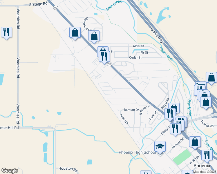 map of restaurants, bars, coffee shops, grocery stores, and more near 3848 South Pacific Highway in Medford