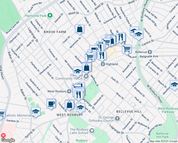 map of restaurants, bars, coffee shops, grocery stores, and more near 1940 Centre Street in Boston