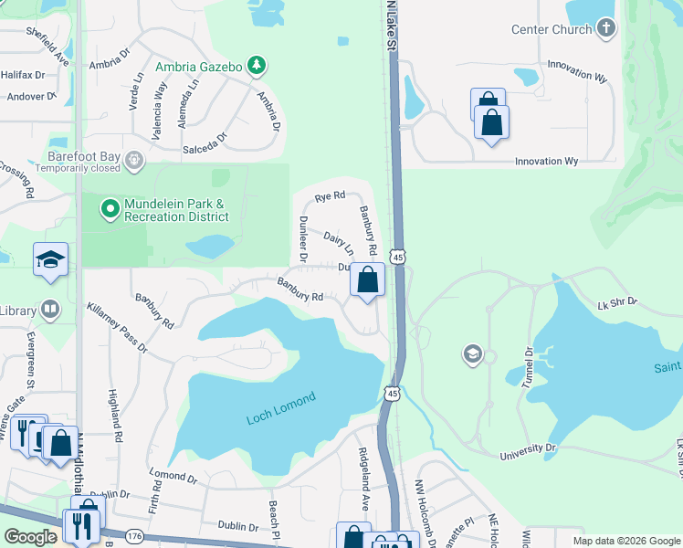 map of restaurants, bars, coffee shops, grocery stores, and more near 302 Banbury Road in Mundelein