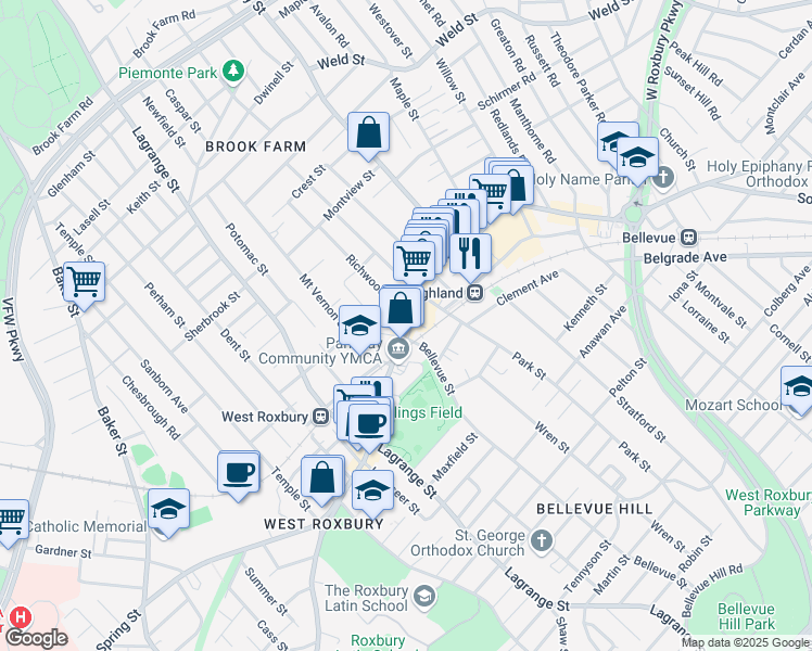 map of restaurants, bars, coffee shops, grocery stores, and more near 1940 Centre Street in Boston
