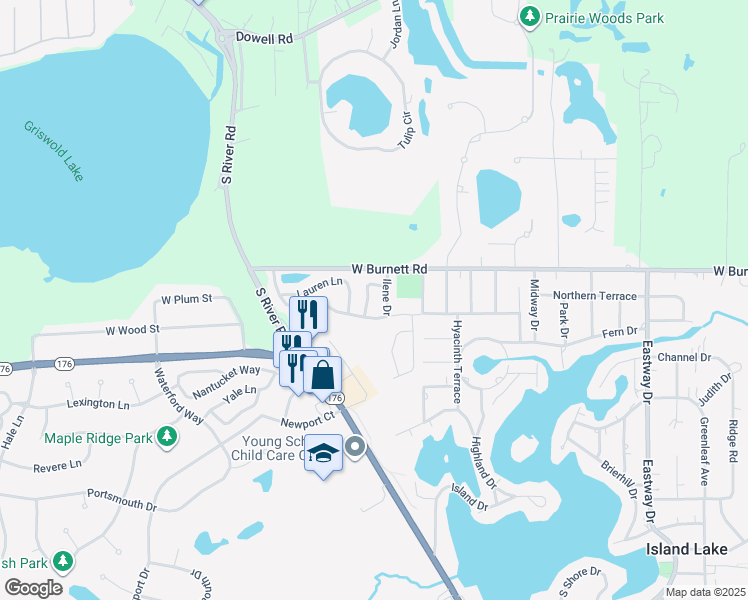 map of restaurants, bars, coffee shops, grocery stores, and more near 329 Newbury Drive in Island Lake
