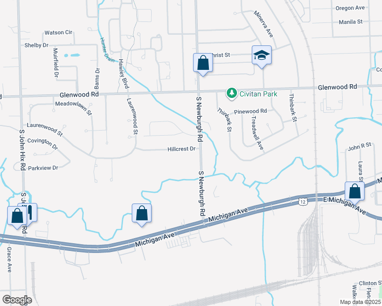 map of restaurants, bars, coffee shops, grocery stores, and more near 37501 Hillcrest Drive in Wayne